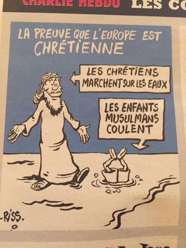 “The Proof that Europe is Christian,” the cartoon shows the little child drowning in the waters. On the left side, a man, supposedly Jesus, stands on the water while saying “Christians walk on waters… Muslims kids sink